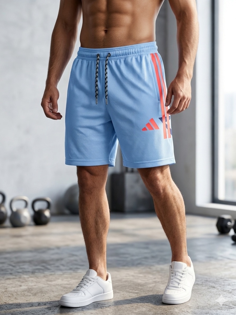 adidas Light Blue Athletic Mesh Shorts with Coral Stripes